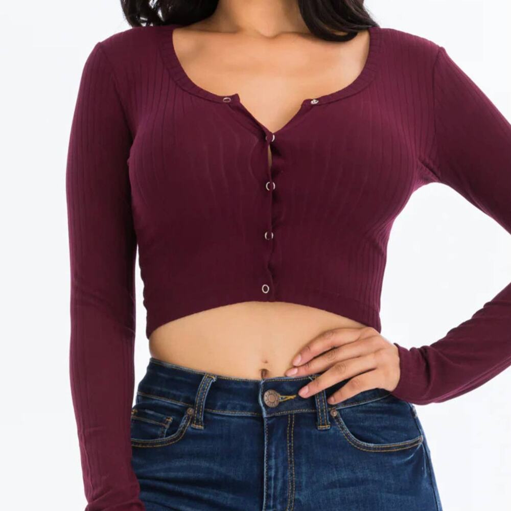 Capella Crop Top Large Burgundy Snap Button Jersey Rib Knit Stretch Casual New